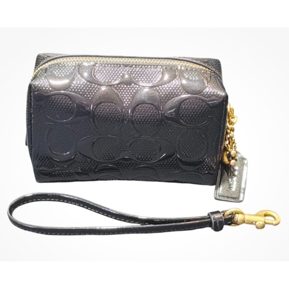 Coach Wristlet Small Black Signature Embossed Patent Leather Bag NWOT